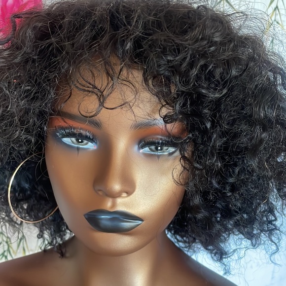 💕 12” HUMAN HAIR SHORT Curly Wig With Bangs FULL CAP WITH BAND & lace top part - Picture 14 of 17